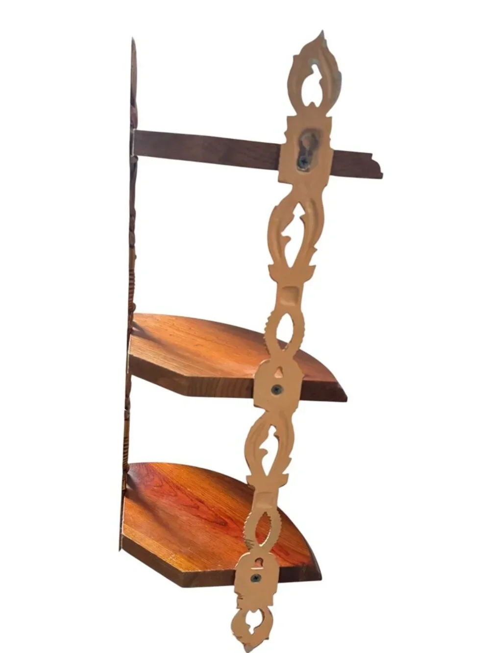 Vintage Sexton 3 Tier Wooden Wall Corner Shelf With Ornate Metal Brackets